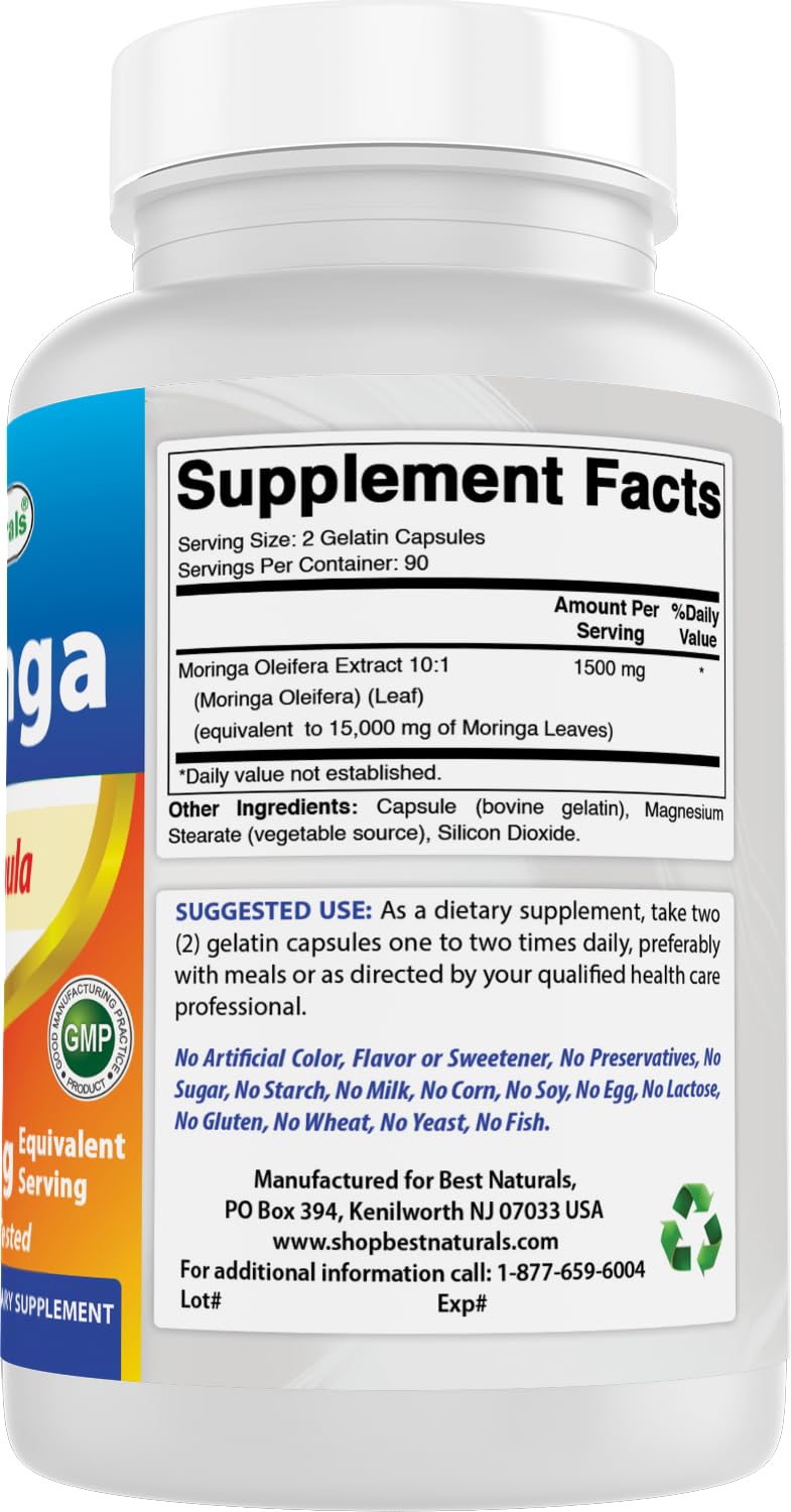 Best Naturals Moringa Extract 10:1 1500mg Capsules, 180 Count