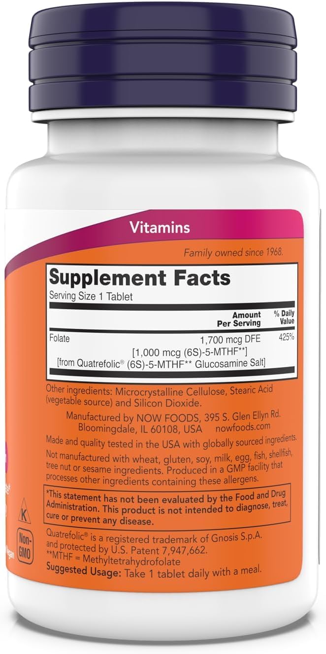 NOW Foods Methyl Folate 1,000 mcg, Metabolically Active Folate, Co-Enzyme B Vitamin, 180 Tablets