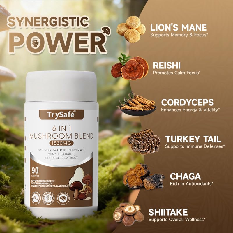 TrySafe 6-in-1 1530mg Organic Mushroom Complex Blend with Lion's Mane, Turkey Tail, Reishi, Cordyceps, Chaga, Shiitake for Memory, Focus & Clarity Support and Supports Natural Immune Defenses, 90 Capsules