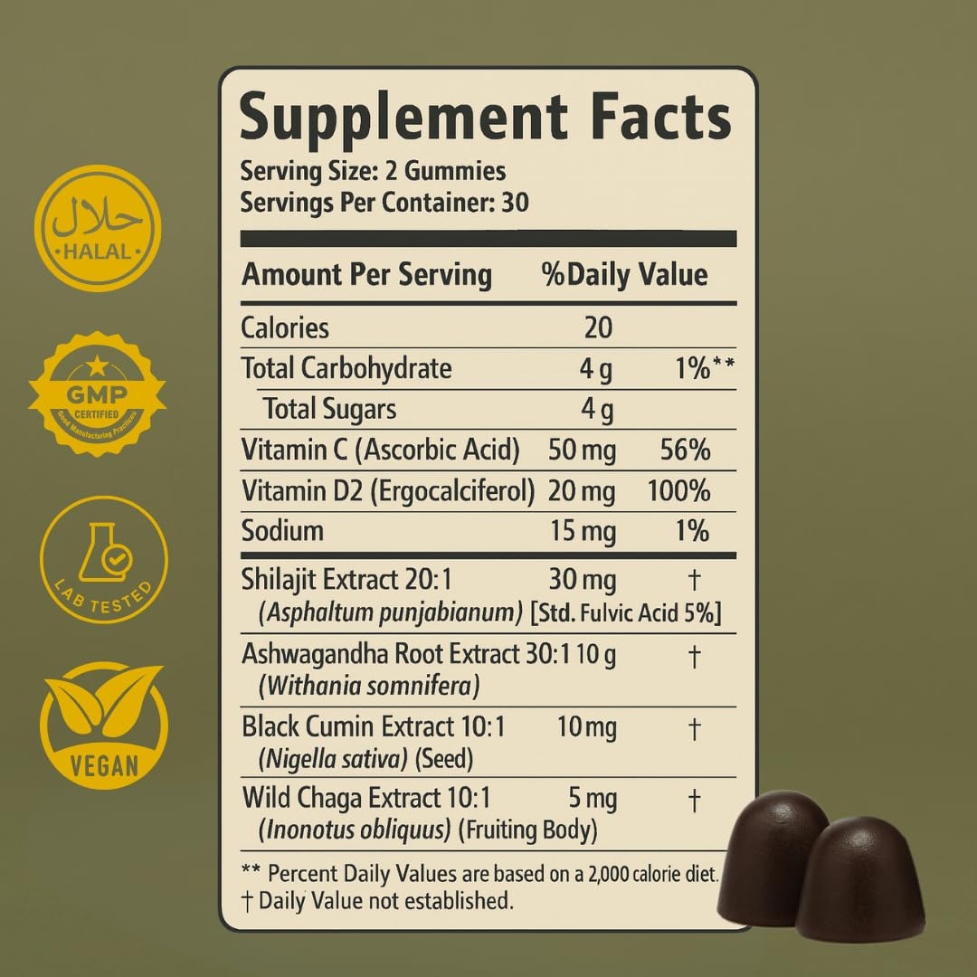 Sakoon nutrition Pure Shilajit Gummies with Black Seed Oil, High Potency Himalayan Resin for Energy, Immune Support, and Cognitive Function, Lab Tested, 60 Gummies