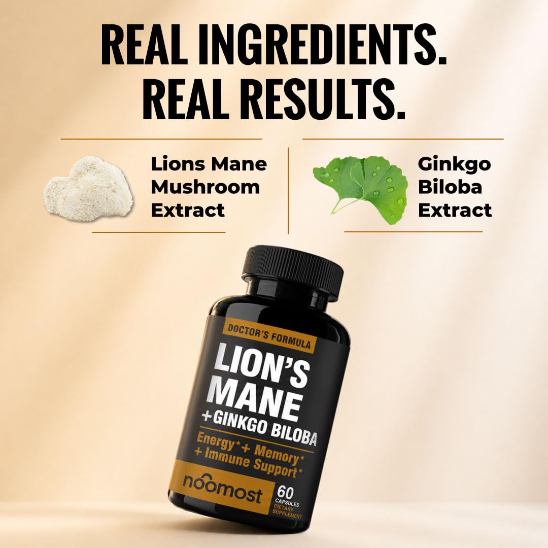 NooMost Lions Mane Supplement Organic Capsules With Ginkgo Biloba – Cognitive Health, Focus & Memory Support – Natural Superfood for Brain, Energy & Immune Health – Non-GMO – 60 Capsules
