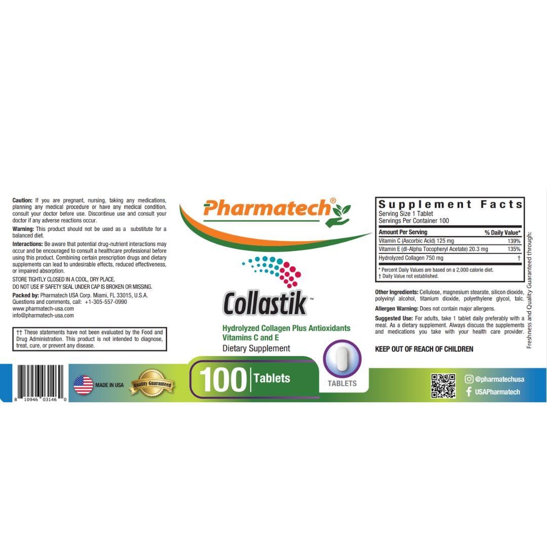 PHARMATECH Hydrolyzed Collagen and Vitamins C and E for Women 100 Tablets