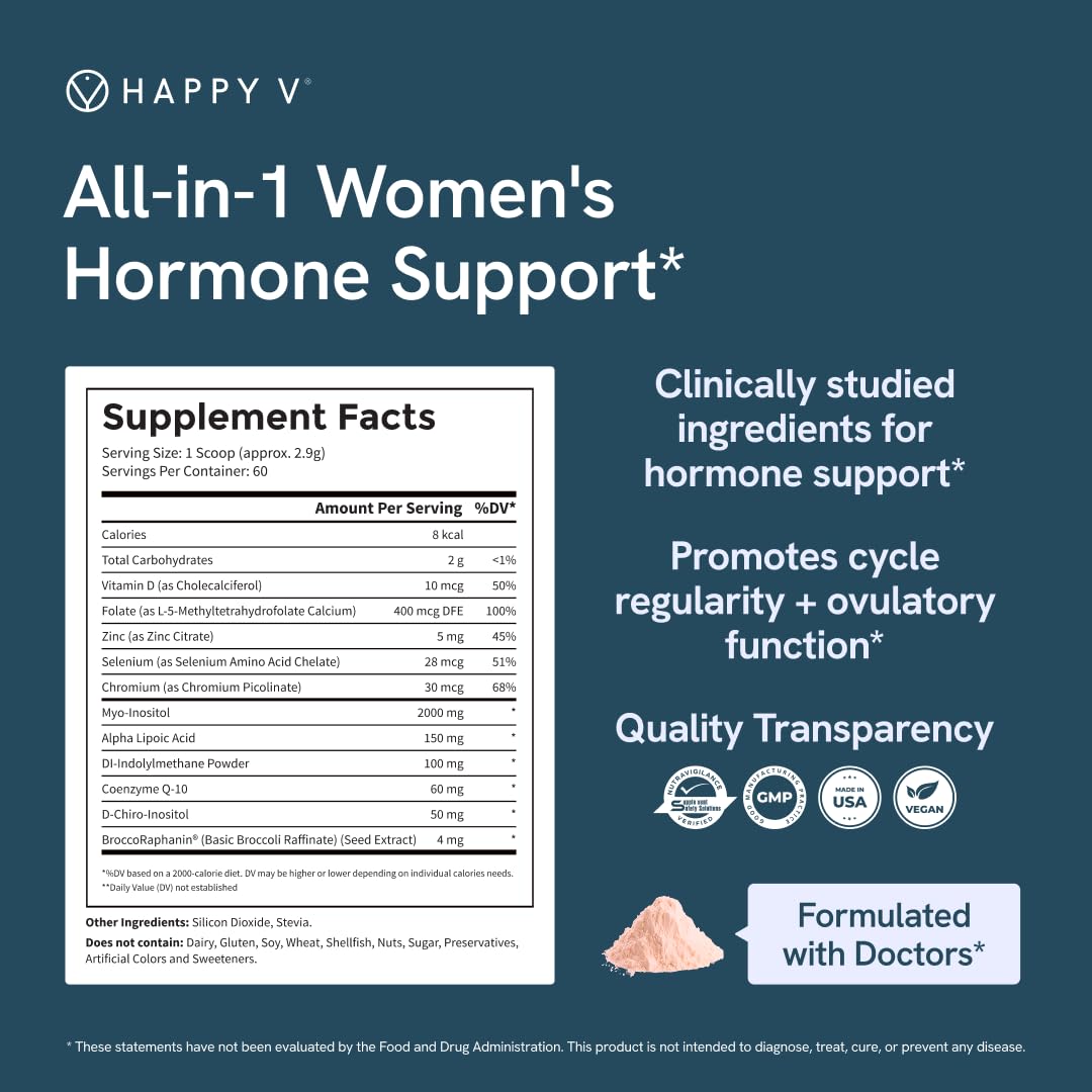 Happy V Ovarian Support for Women with Myo-Inositol & D-Chiro-Inositol 40:1 Ratio, DIM, CoQ10 & Folate Hormone Balance, Cycle Regularity, Egg Quality & PCOS Support Powder 6.1 Ounce