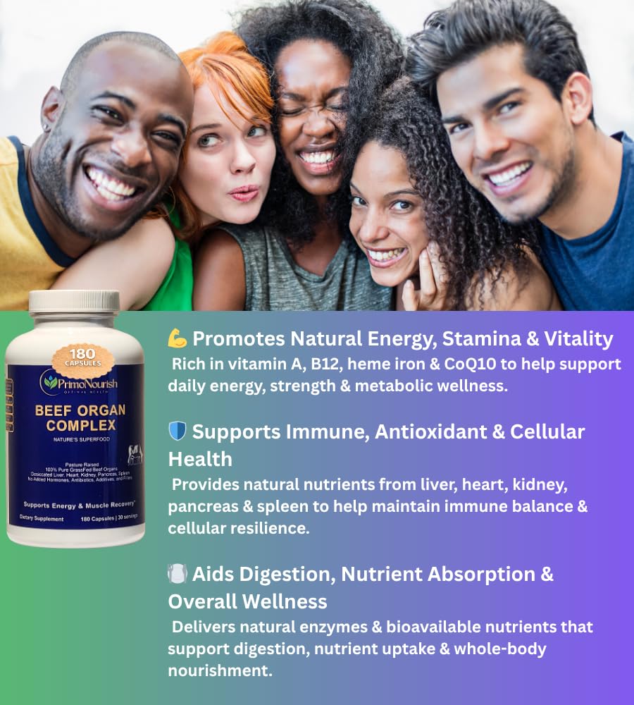 PrimoNourish Grass-Fed Beef Organ Supplement – Liver, Heart, Kidney, Pancreas & Spleen Blend, 180 Capsules