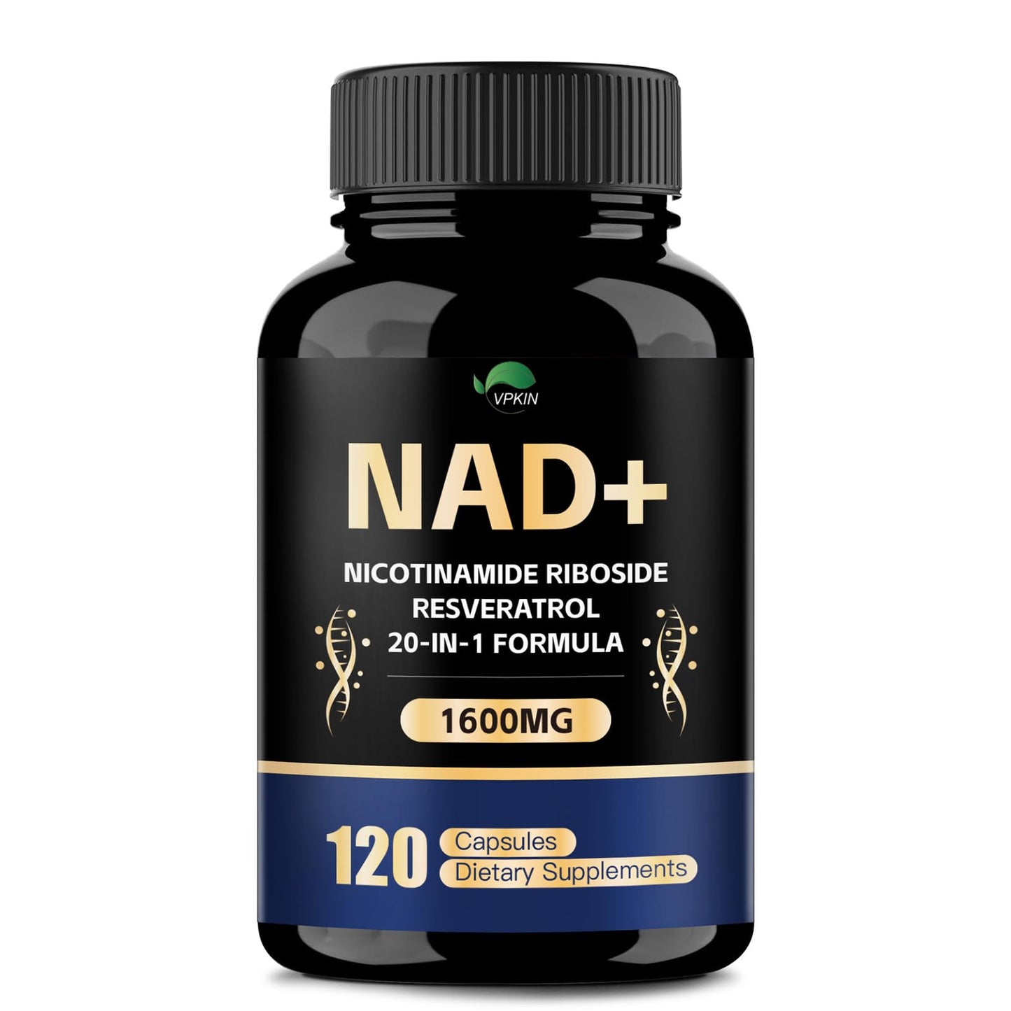 VPKIN NAD+ 1500mg Supplement with Resveratrol, Nicotinamide, Quercetin & CoQ10, Non-GMO, No Fillers, 120 Capsules