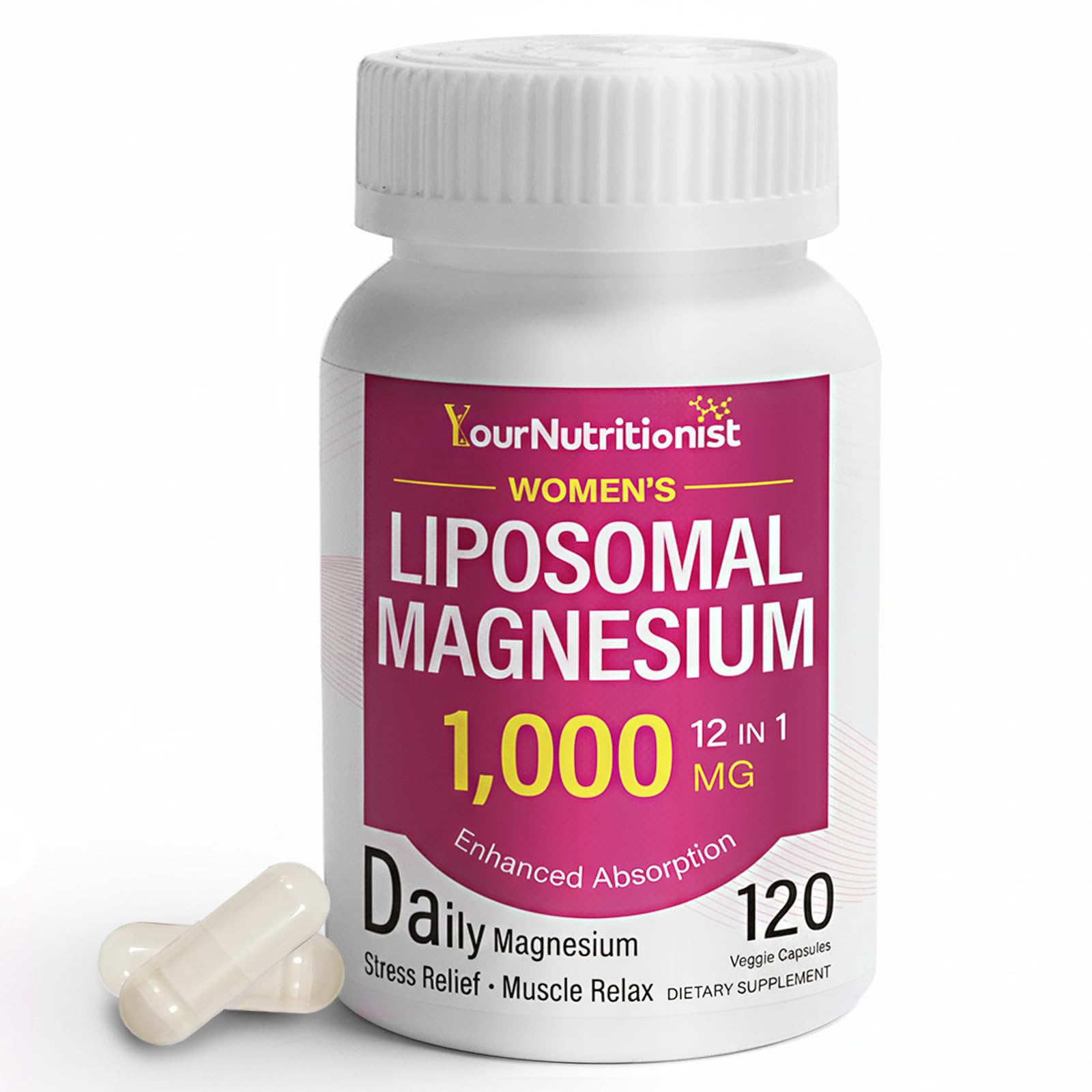 Your Nutritionist Liposomal Magnesium Complex 1000mg Supplement for Women, Sleep Support Capsule 120 Count