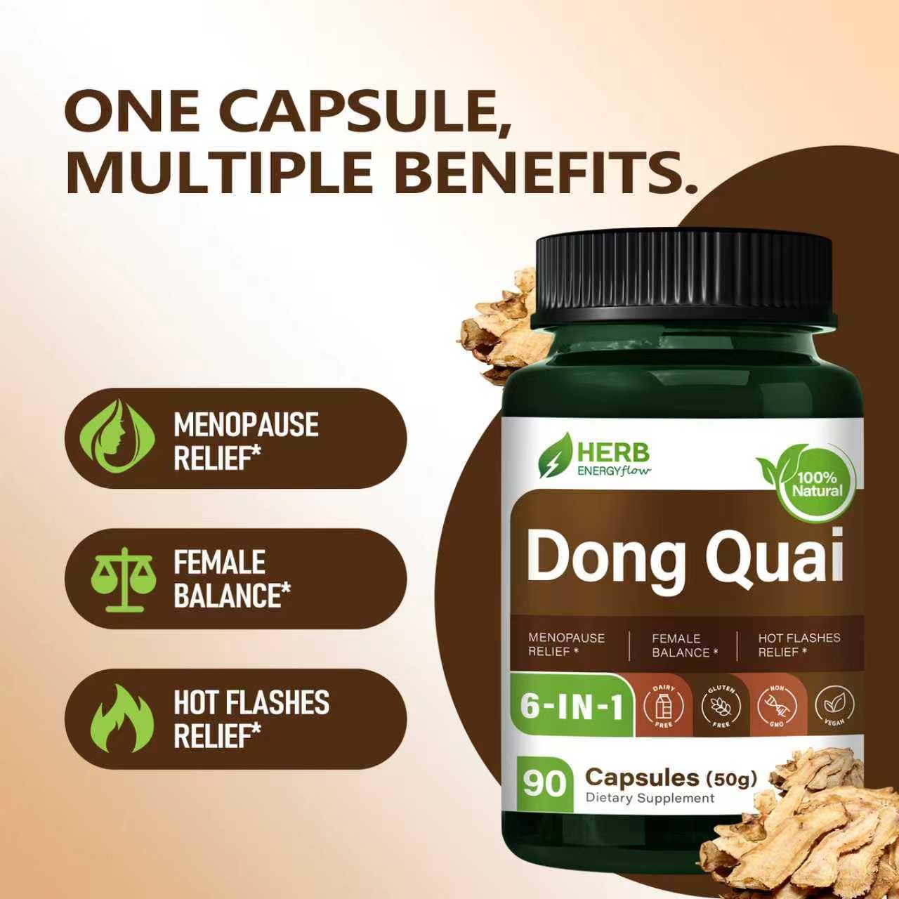 HERBENERGYflow Dong Quai Supplement for Women Health Support, Menopause Relief, Non-GMO, Vegetarian Capsules with Black Cohosh and Red Clover, 90 Capsules