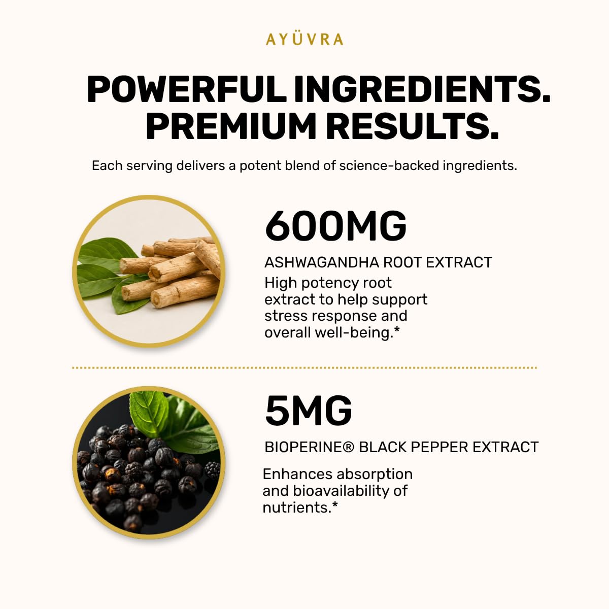 AYÜVRA Ashwagandha Capsules with BioPerine 600mg Root Extract, Stress Support for Mood, Focus & Healthy Cortisol Levels, 60 Capsules