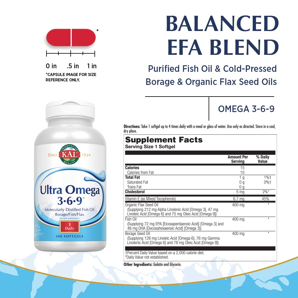 KAL Ultra Omega 3-6-9 1200mg Softgels, 200
