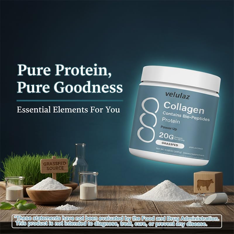 Velulaz Multi Collagen Bio-Peptides Powder Advanced with Hyaluronic Acid and Vitamin C – 10 Super Types of Collagen – Superior Absorption Formula – for Women and Men, 10.59 oz