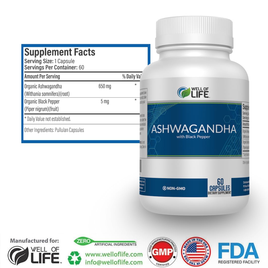 Well of Life Ashwagandha 650mg with BioPerine Black Pepper Extract Capsule, 60 Count
