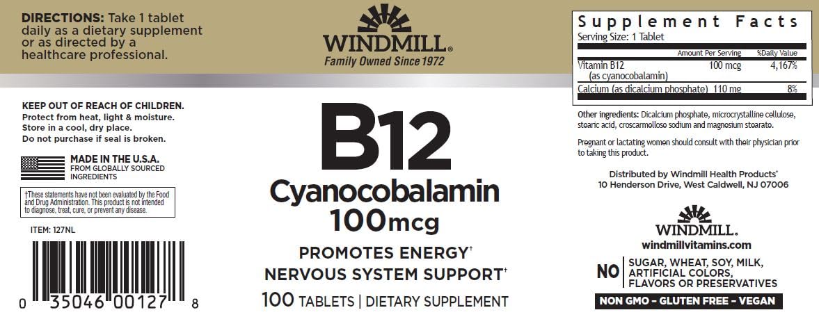 Windmill Vitamin B-12 100 mcg Tablets, 100 Count