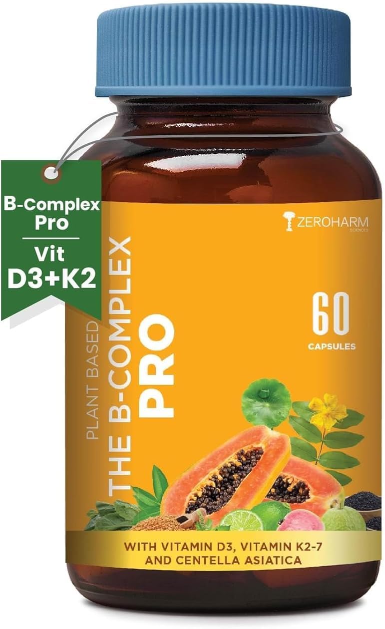 Generic Vitamin B Complex with Vitamin D3, Vitamin K2 & Centella Asiatica with B1, B2, B3, B5, B6, B9 & Vitamin B12 Capsules, 60 Count