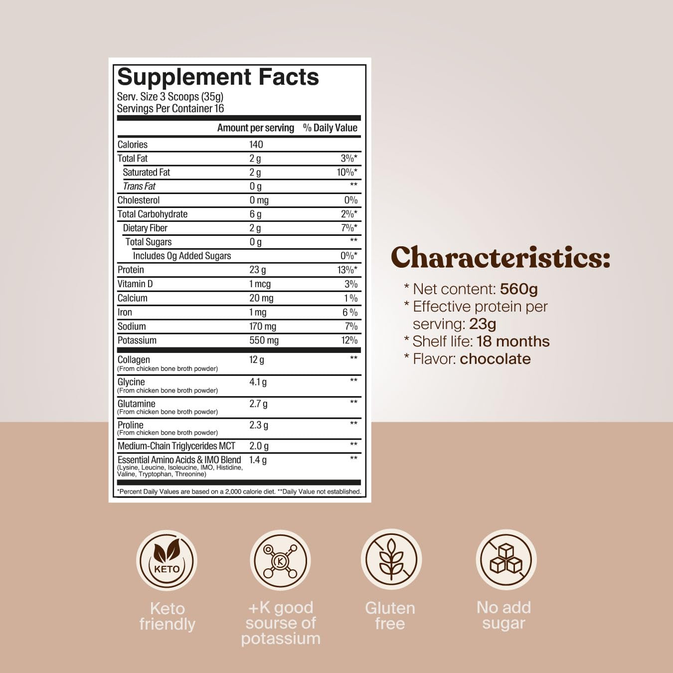 SAVVY Bone Broth Power Chocolate Protein Powder, 560g (16 Servings)