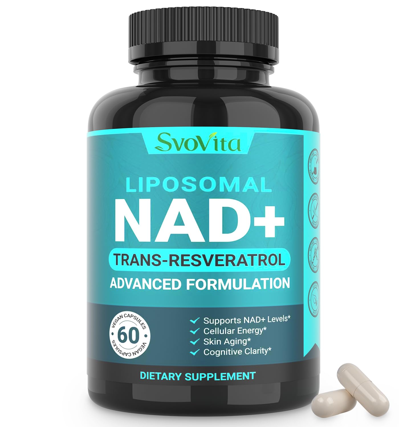 Svovita NAD Supplement 500mg Liposomal NAD+ Supplement with Trans-Resveratrol for Women & Men, Vegan Non-GMO, 60 Capsules