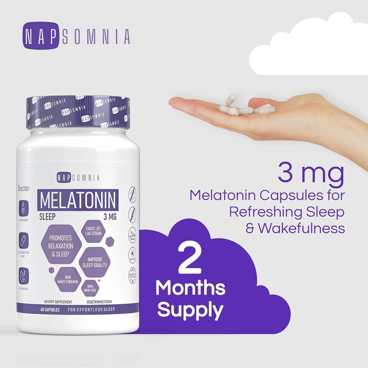NAPSOMNIA Melatonin 3mg Capsules, 60 Count