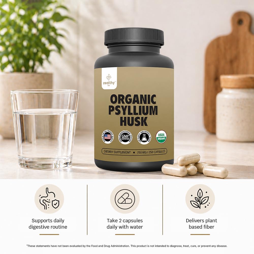 Z Zealthy Life Organic Psyllium Husk 750 mg Capsules, Natural Fiber Gut Health Supplement, 250 Count
