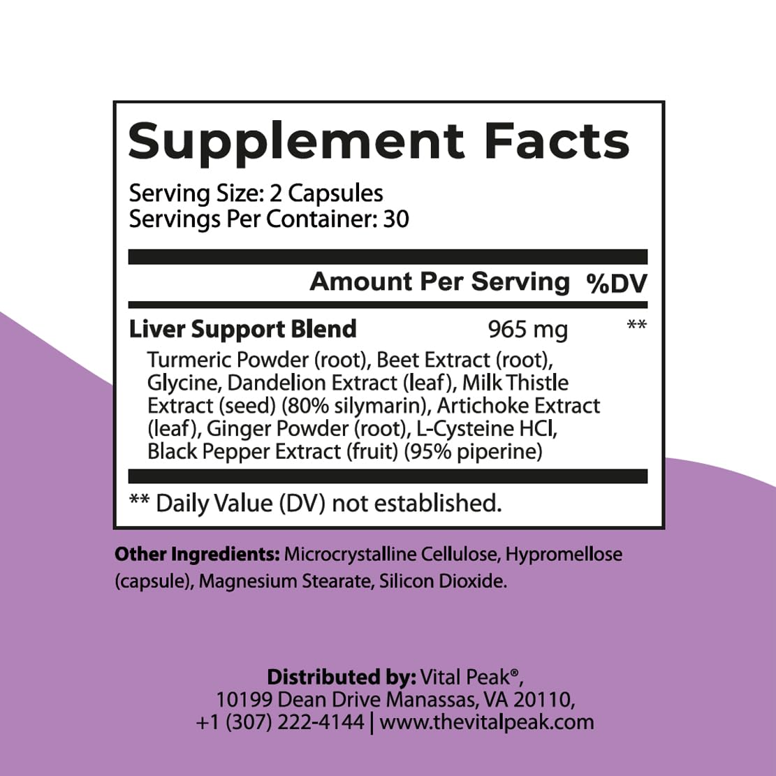 Vital Peak Liver Cleanse Detox & Repair Supplement with Milk Thistle, Turmeric, Beet Root, Ginger, Dandelion, Artichoke & Grape Seed Extract for Daily Liver Health Capsules, 60 Count