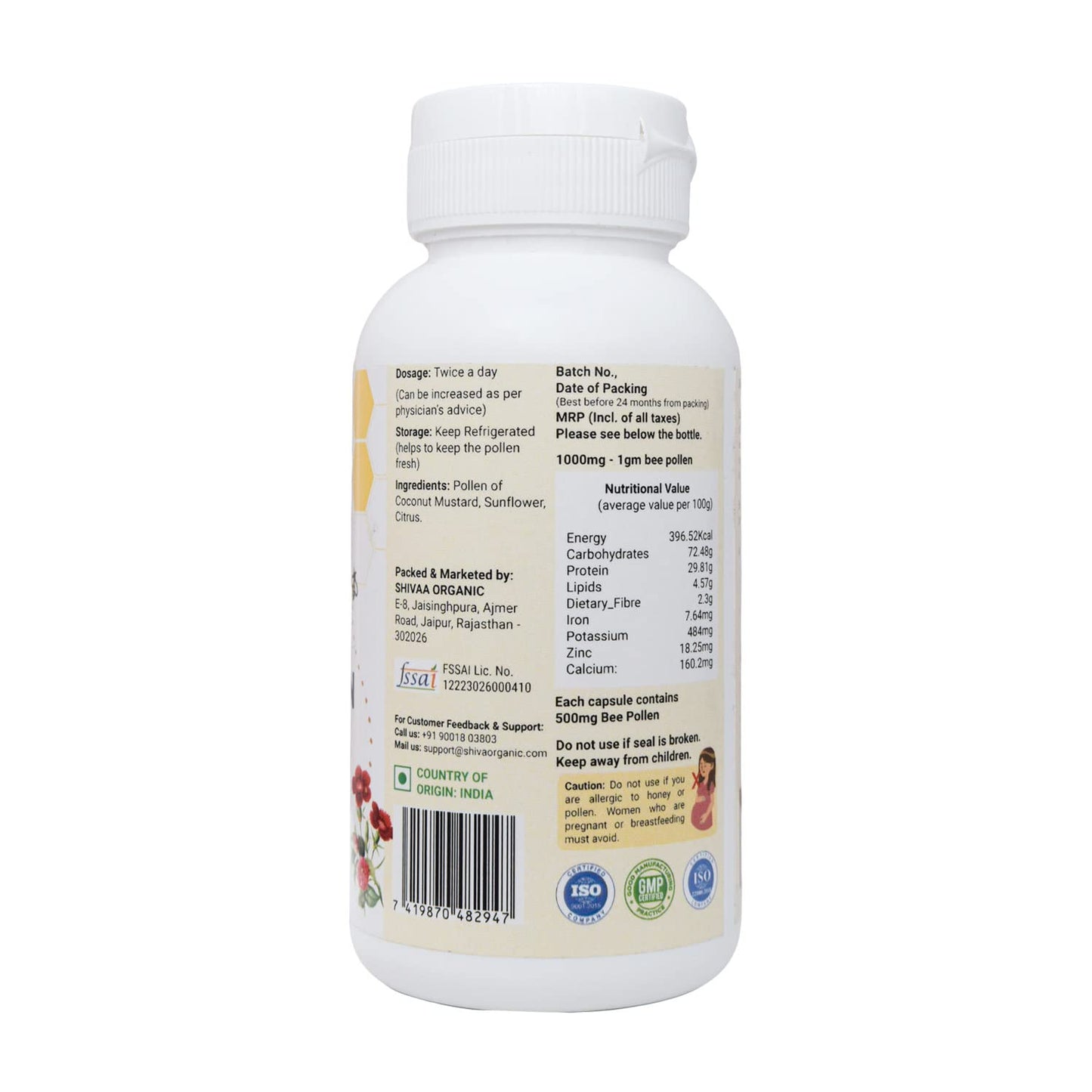 Shiva Organic Multi Flora Bee Pollen (500mg) Capsule, 100 Count