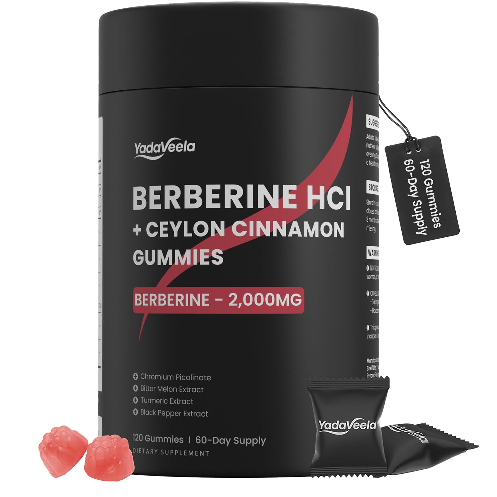 YadaVeela Berberine HCl Gummies 2000mg High Potency with Ceylon Cinnamon, Chromium and Bitter Melon, Sugar Free, Vegan, 120 Count
