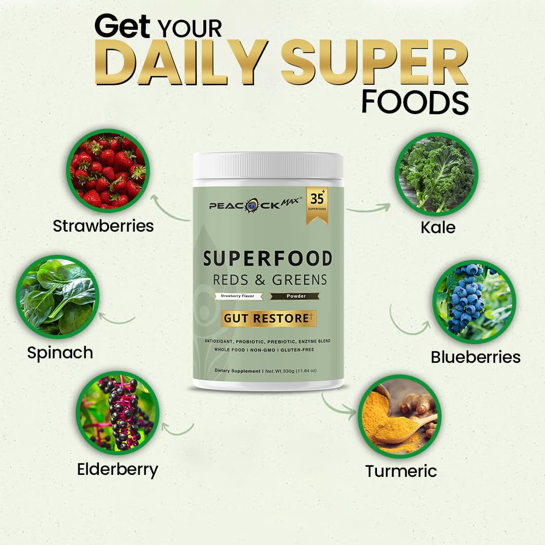 Peacock Max Superfood Reds & Greens Powder, 23.28 oz (Pack of 2)