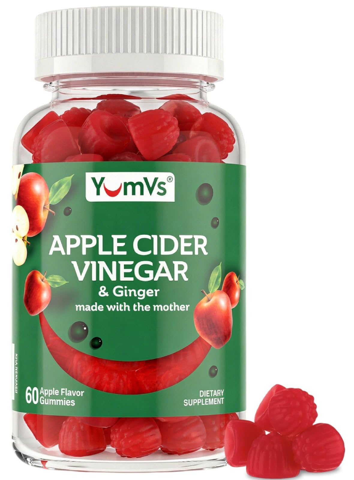 YUM-V'S Apple Cider Vinegar Gummies – ACV Gummies with Ginger & The Mother – 60 Count