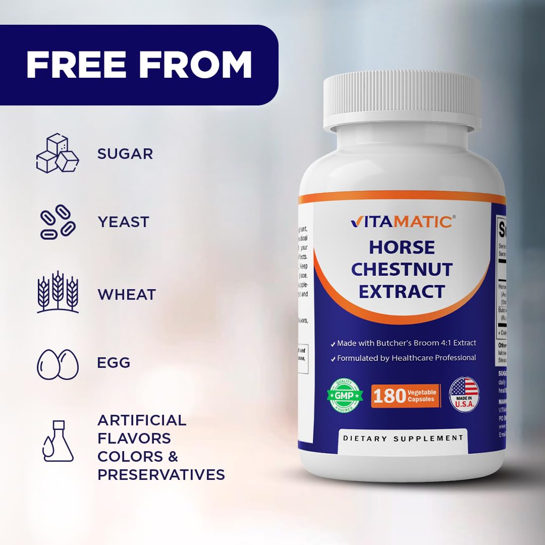 Vitamatic Horse Chestnut Extract 700 mg (Standardized 20% Aescin) with Butcher’s Broom 4:1 Extract 300 mg, 180 Capsules
