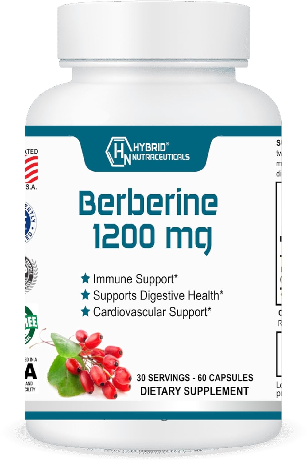 Hybrid Nutraceuticals Berberine 1200mg - Concentrated Berberine HCl Formula - Immune Support, Digestive Support - Gluten-Free Capsules, 60