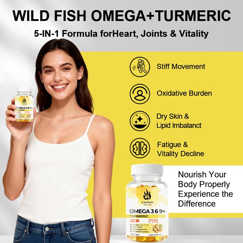 VYHTHY Omega-3-6-9 Softgels with Turmeric, Curcumin, DHA & EPA, 120 Count