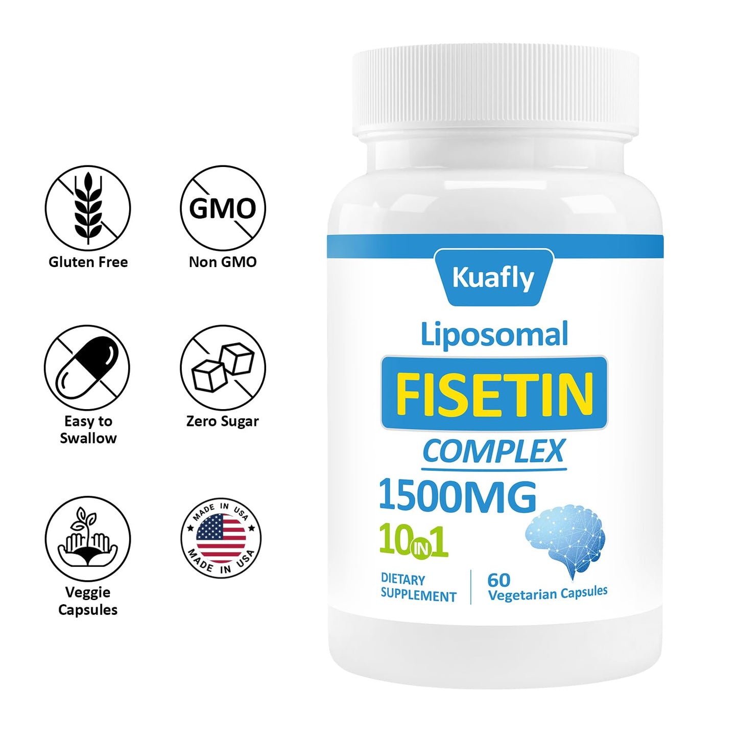 KUAFLY Liposomal Fisetin Supplement 1500MG, 10 in 1 Formula with NAC for Brain Health Support & Antioxidant, Gluten Free Non-GMO, 120 Capsules