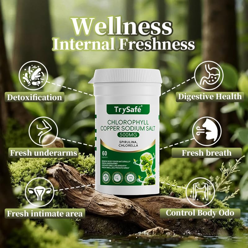 TrySafe Natural Chlorophyll Capsules with Copper Sodium Salt, Spirulina & Chlorella, Detox & Digestion Support, 60 Capsules