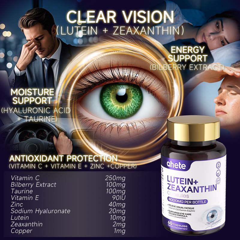 Ahete Lutein 10mg & Zeaxanthin 2mg Eye Vitamins with Bilberry 100mg, Vitamin C, E, Zinc – Advanced Eye Health Supplement for Vision Support, Blue Light Protection & Dry Eyes 60 Capsules