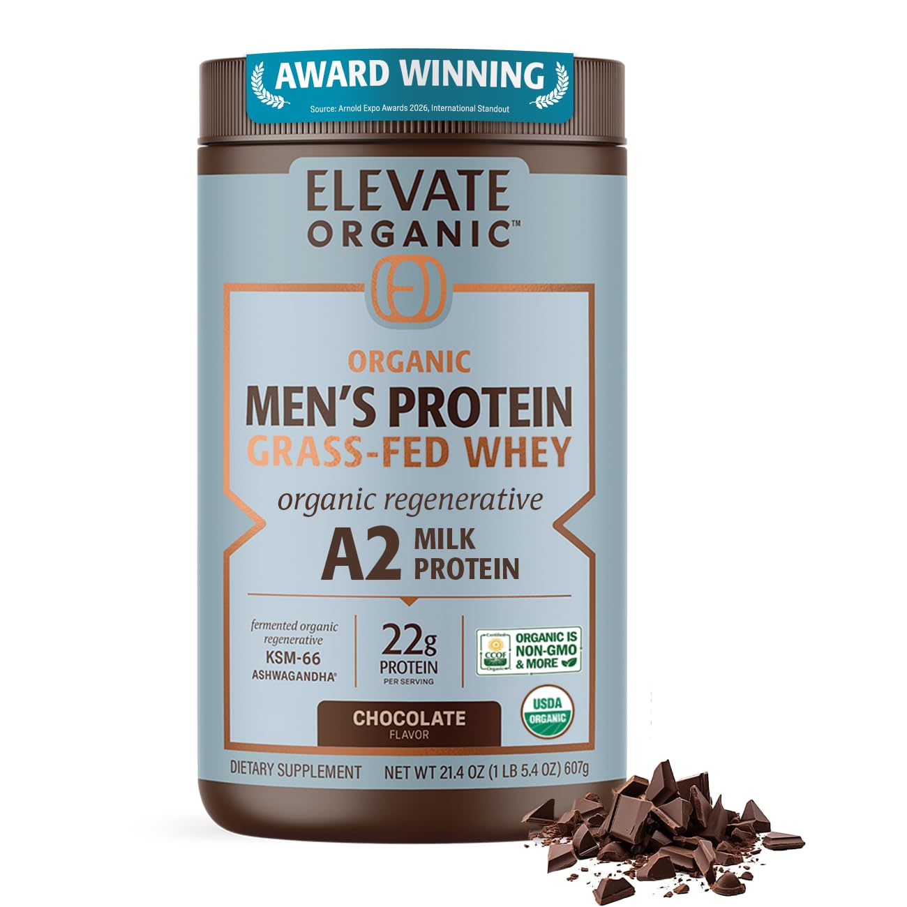 ELEVATE ORGANIC Men's Grass-Fed A2 Regenerative Whey Protein Powder, Chocolate, 1.33 lb