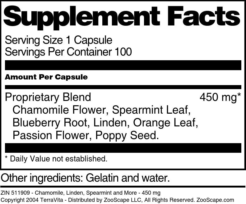Terravita Chamomile, Linden, Spearmint and More 450 mg, 100 Capsules