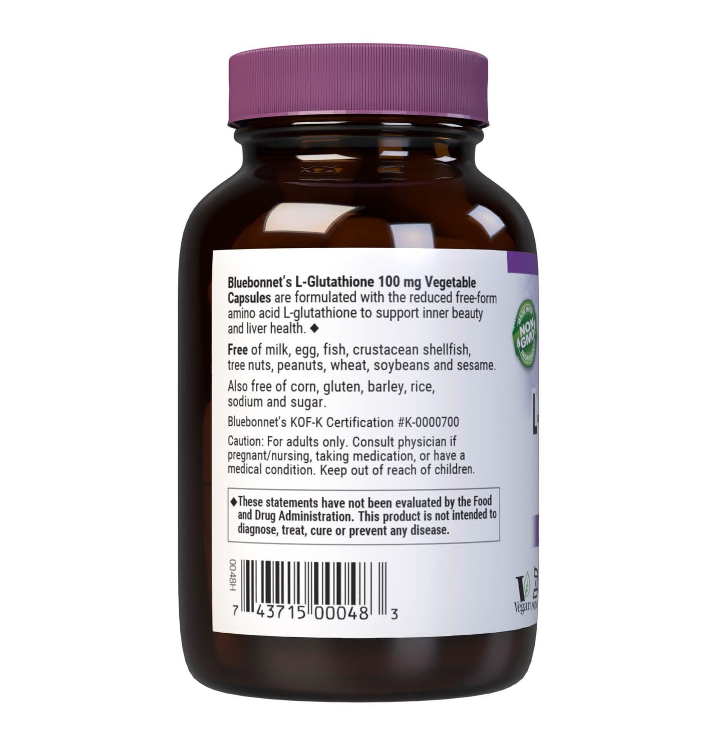 BlueBonnet L-Glutathione 100mg Free-Form Amino Acid Capsules, 30 Count