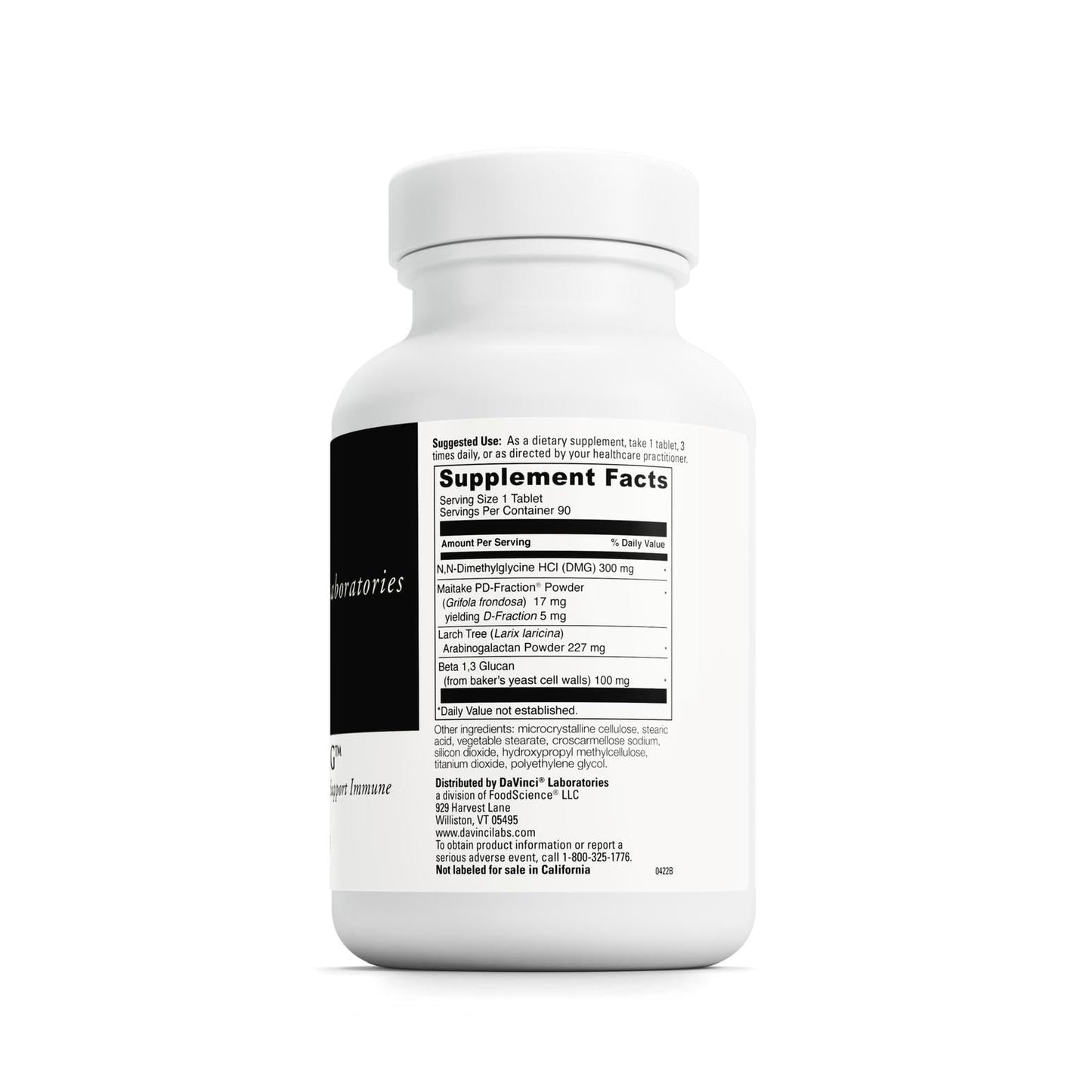 DAVINCI Immuno-DMG Dietary Supplement to Balance and Support Immune System Functions with DMG, Maitake Powder, Larch Tree and Beta Glucan - Gluten-Free, 90 Vegetarian Tablets