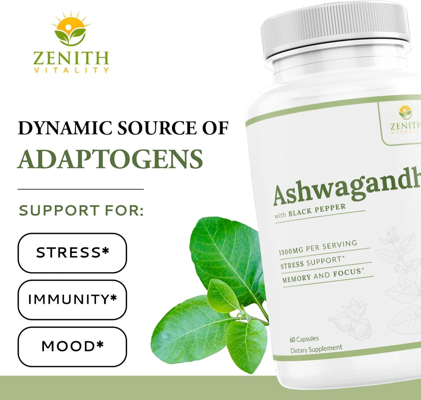 Zenith Vitality Ashwagandha 1300mg Capsules, 60 Count
