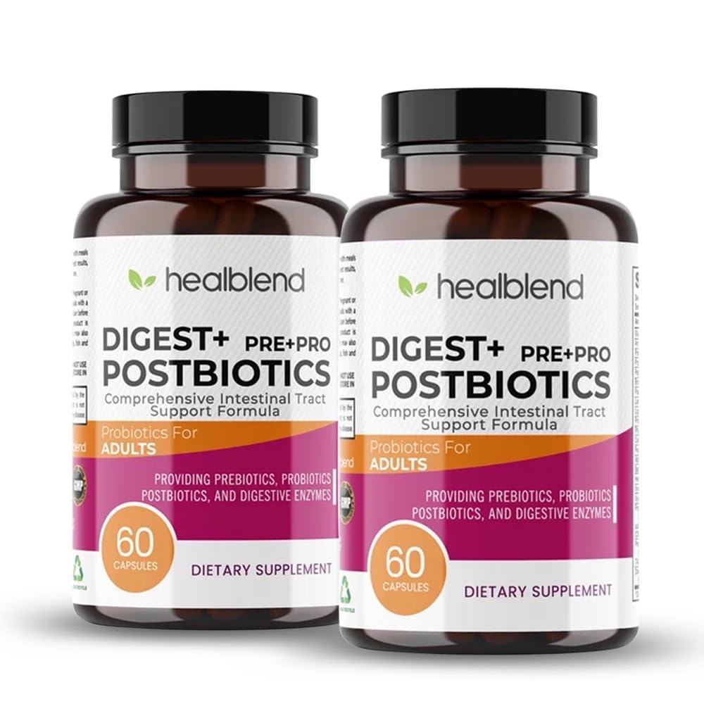 Healblend Digest + Postbiotics Supplement for Women and Men, Multi Enzymes, Organic Prebiotic & Probiotic for Digestive Health with Bromeline, Papin and Lipase, Non-GMO, Gluten-Free, 60 Vegetarian Capsules
