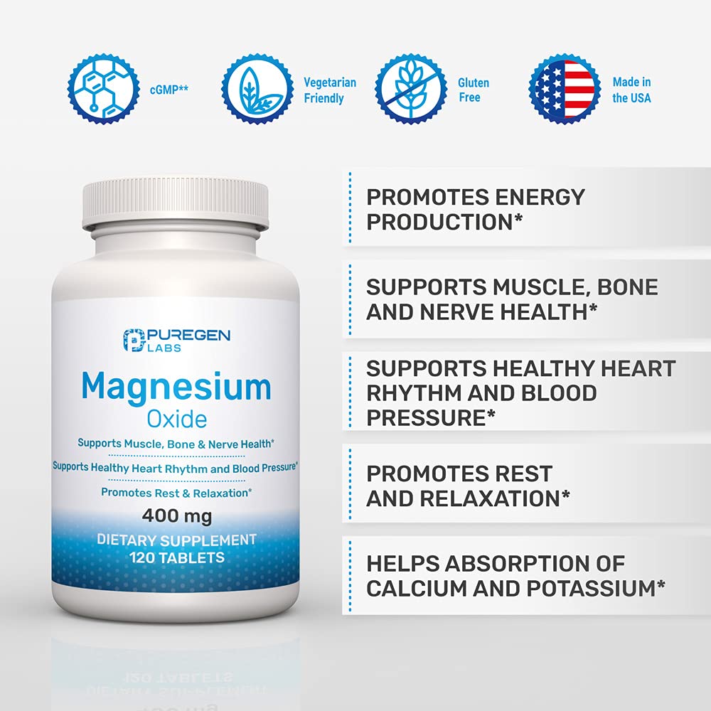 P Puregen Labs Magnesium Oxide 400mg High Potency Supplement Tablets, 240 Tablets