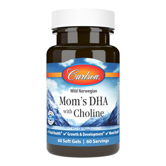 Carlson Mom's DHA with Choline, 3:1 DHA to EPA Ratio Found in Breastmilk, Growth and Development Softgels, 60