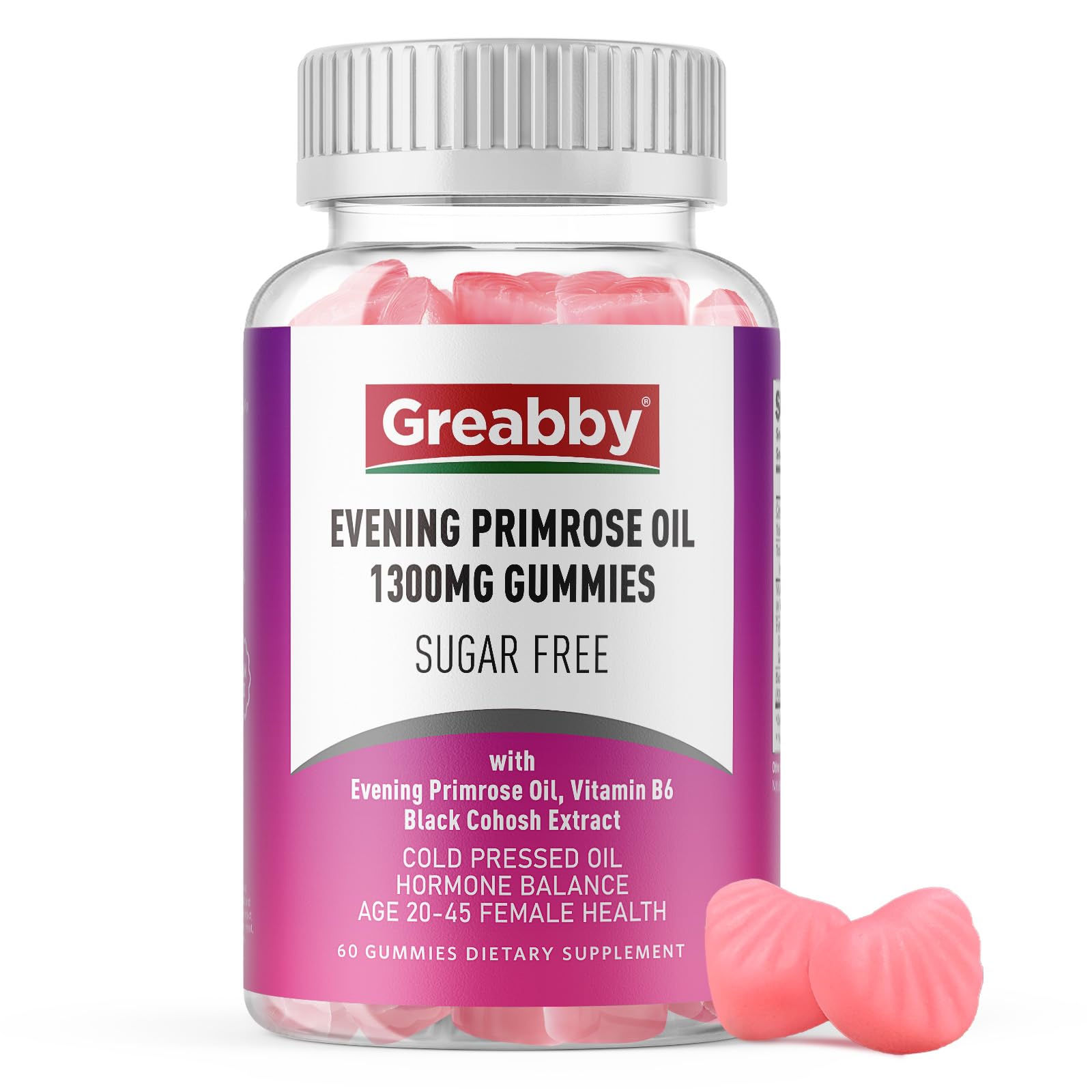 GREABBY Evening Primrose Oil for Women, 1300mg, PMS Relief Supplements, Gummy, 60 Count