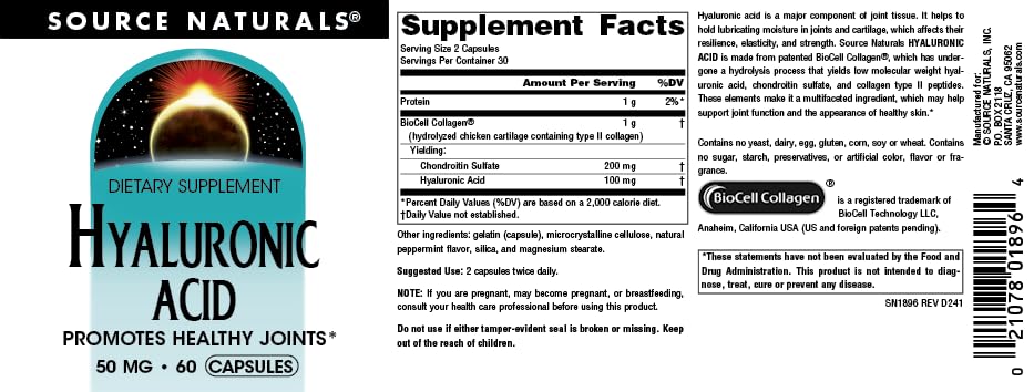 Source Naturals Hyaluronic Acid 50 mg Capsules, 30 Count