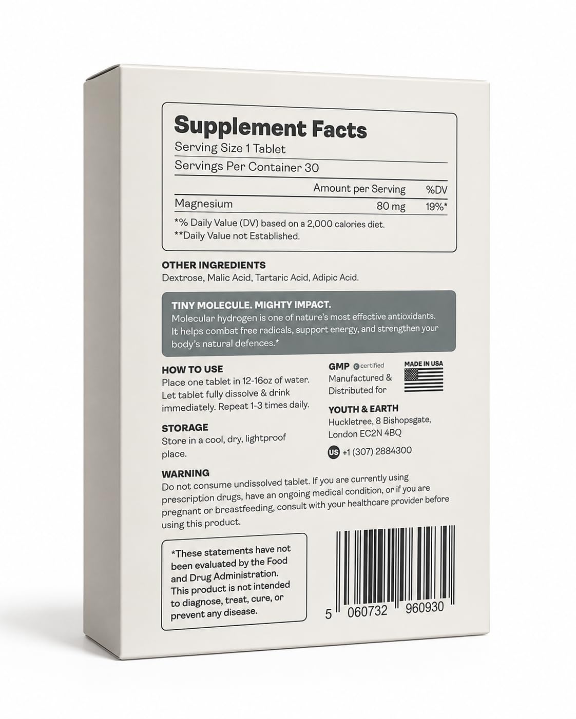 Youth & Earth Molecular Hydrogen Tablets, H2 Water Tablets, 30 Tablets