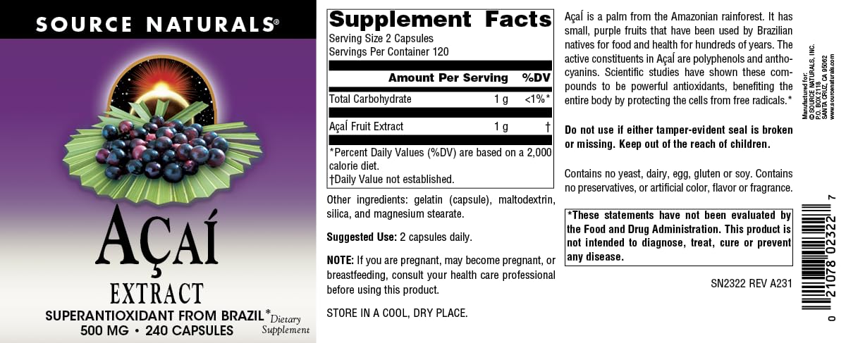 Source Naturals Acai Extract, Superantioxidant from Brazil 240 Vegetarian Capsules