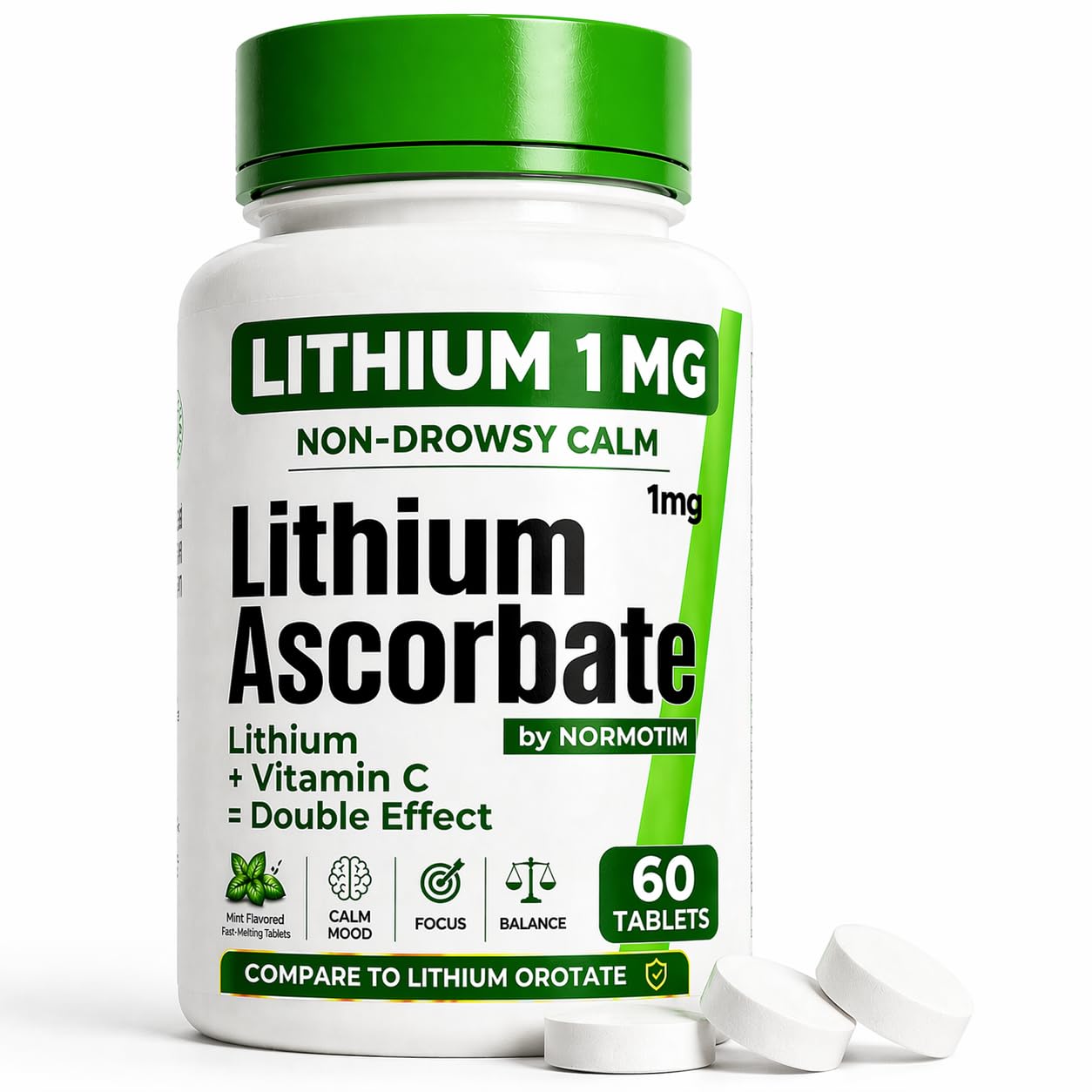NORMOTIM Low Dose Lithium Supplement 1mg – Lithium Ascorbate Tablets with Vitamin C, 60 Count