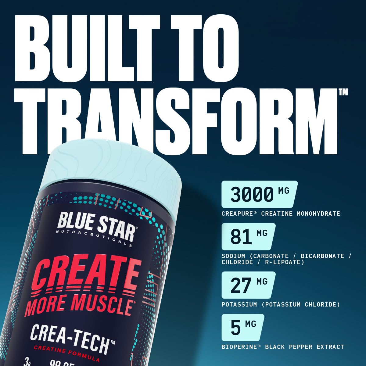 Blue Star Nutraceuticals CREA-TECH Creapure Creatine Monohydrate with Electrolytes Capsules, 120 Veggie Capsules