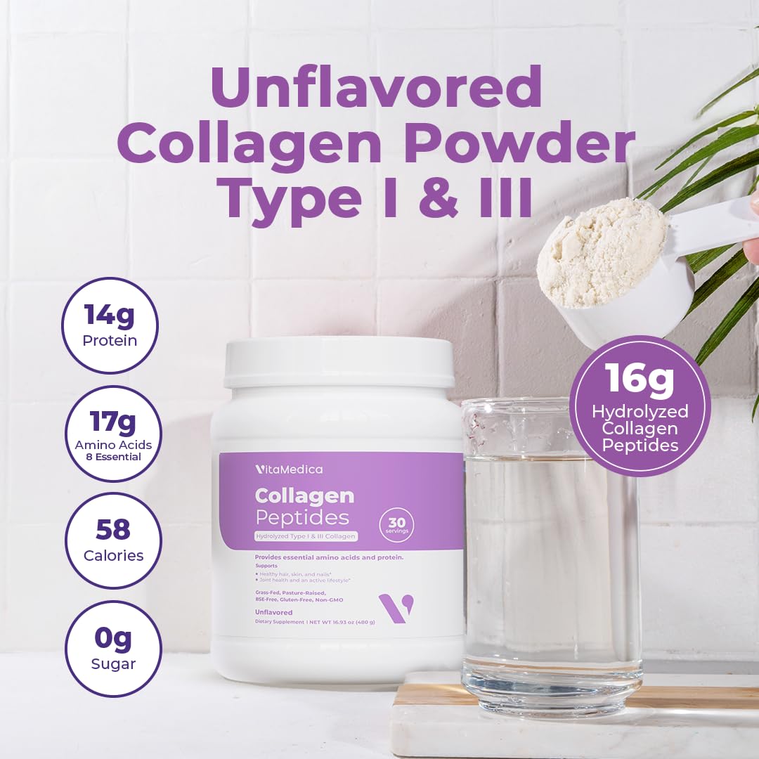 VitaMedica Collagen Peptides Powder for Women & Men, Hydrolyzed Types I & III, Grass-Fed, Pasture-Raised Protein, Zero Sugar, 1.06 Pound (Pack of 2)