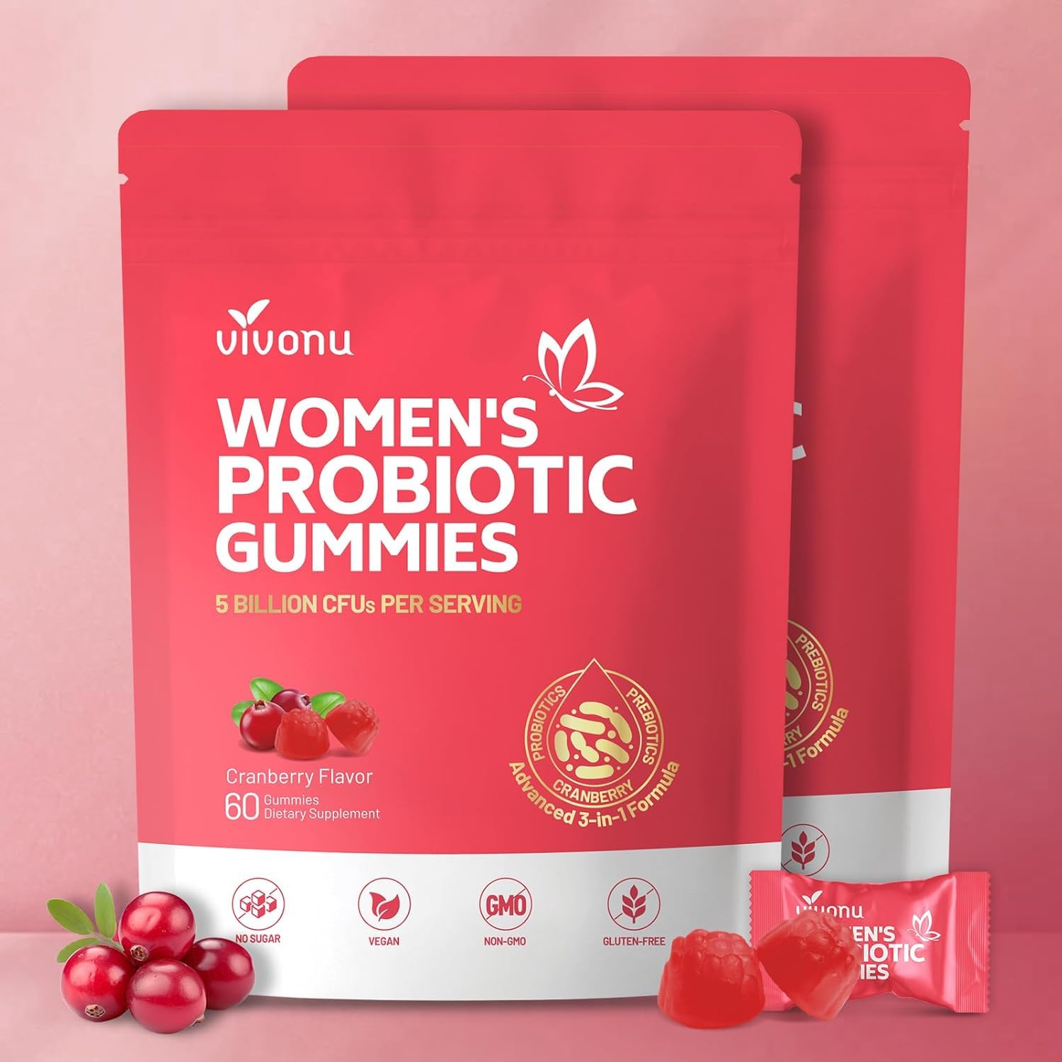 VivoNu Probiotics for Women Probiotic Gummies, 500 Million CFUs, Fiber, 120 Gummies
