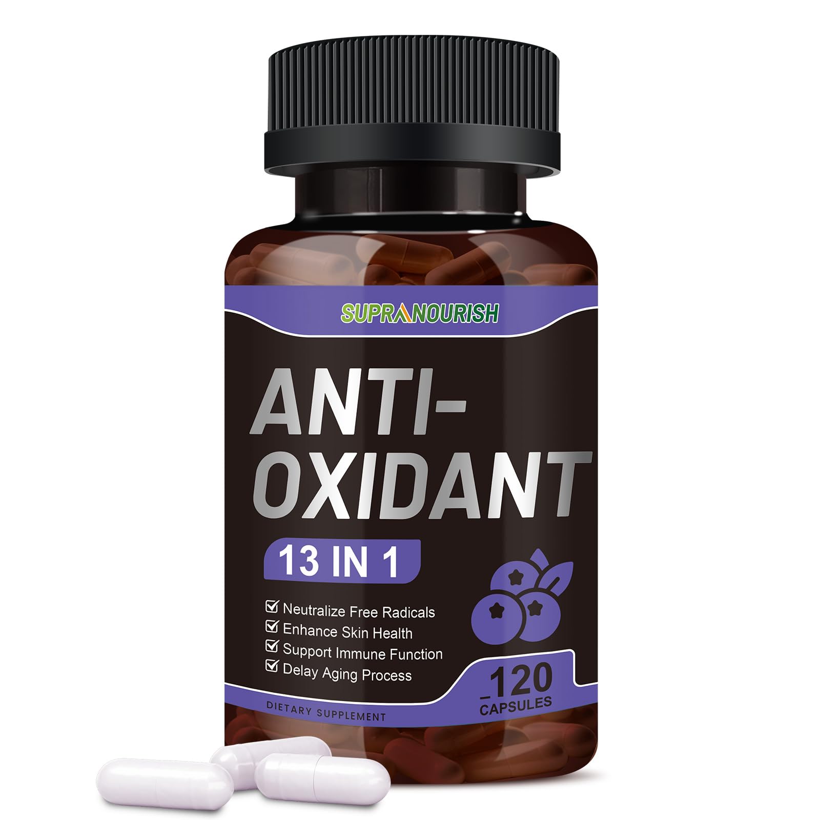 SUPRANOURISH 13-in-1 Antioxidants Supplement with NAD, NMNH, Resveratrol, Glutathione & PQQ - Natural Herbal & Fruit Formula, 120 Capsules