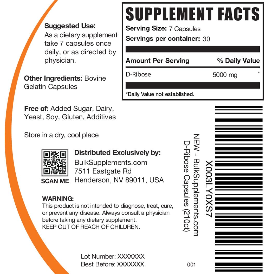 BulkSupplements D-Ribose Capsules, 210 Count